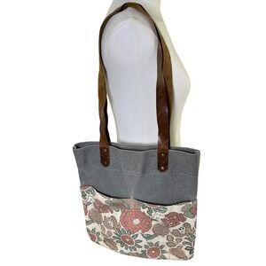 JOYN Canvas Leather Strap Tote Bag Gray Floral Print Fair‎ Trade Reversible 14"